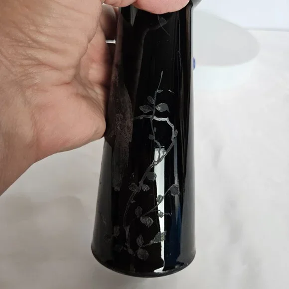 Czechoslovakian Pottery Vase Black Hand-Etched Bird Motif Gloss Finish 6.5"t - Picture 9 of 16